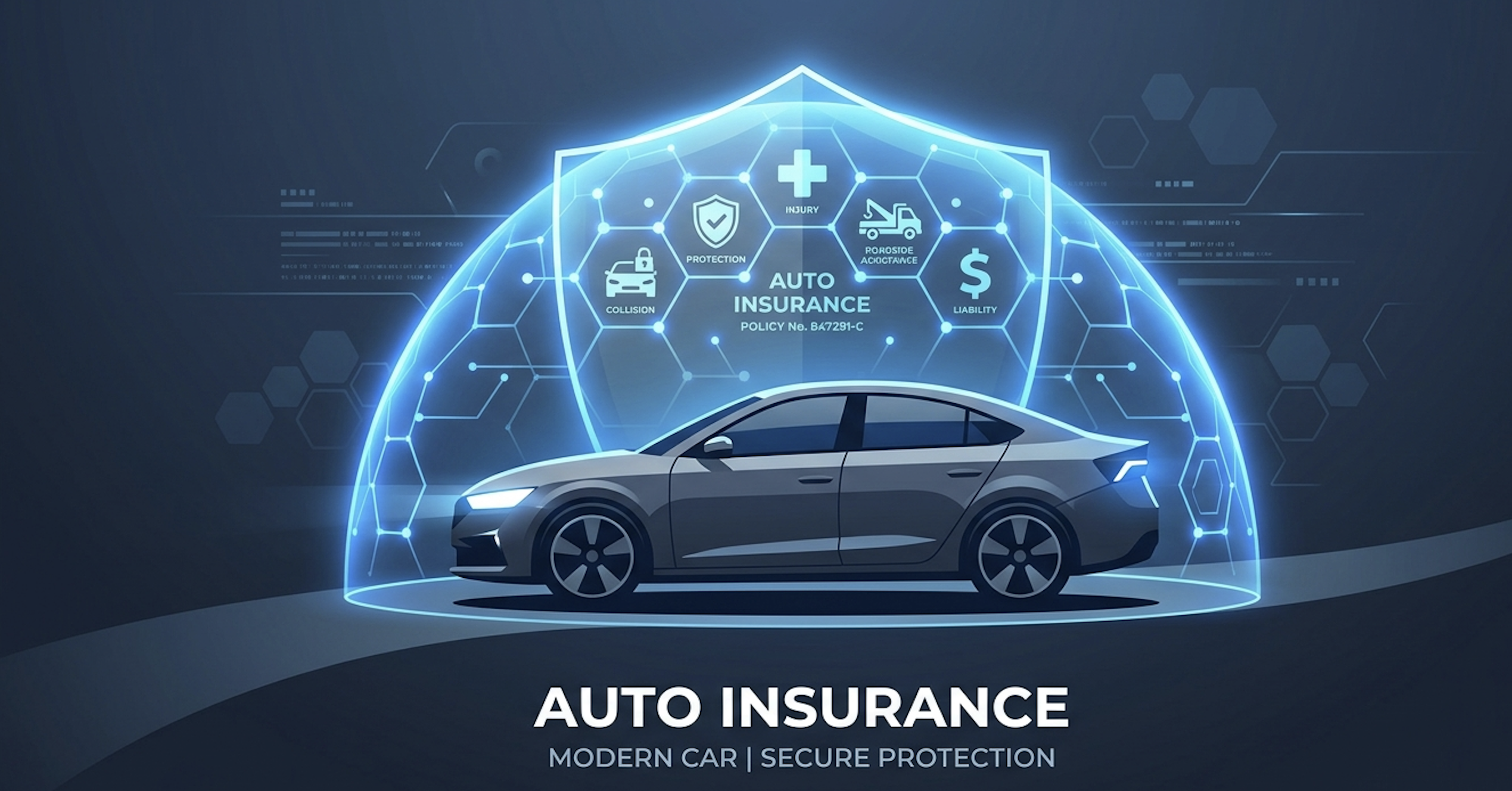 A high-end luxury car parked in a modern garage with an insurance checkmark